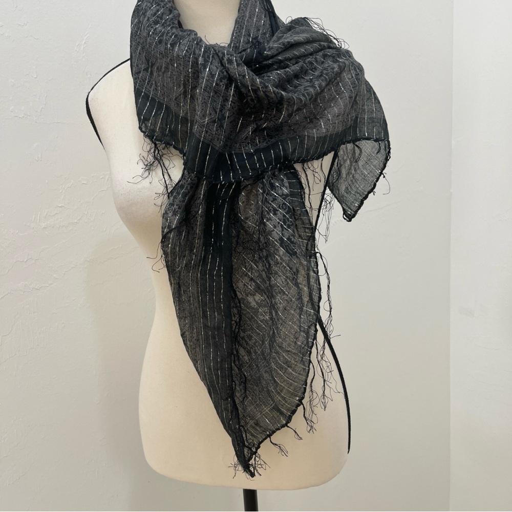 Black  & Gray  Silver  striped silk sheer Square scarf wrap w fringe 35”x35”‎